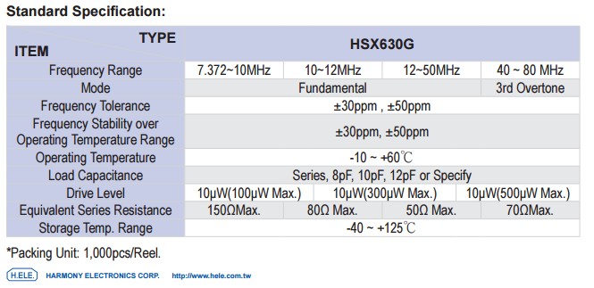 HSX630G晶振規(guī)格書